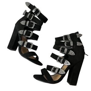 Steve Madden Shoes Women 5.5M Taren Gladiator Heel Black Suede Strappy Silver